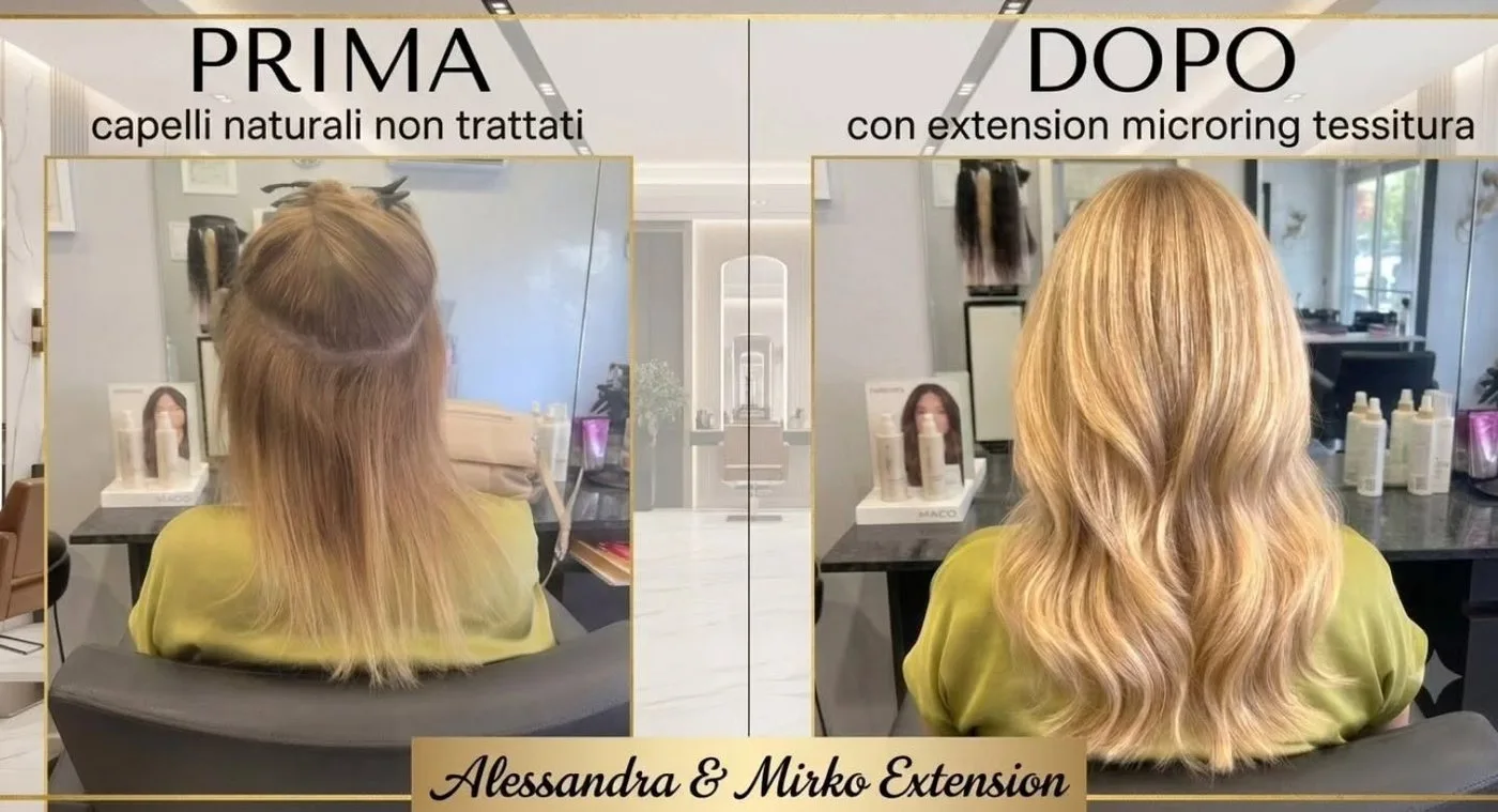 Prima e dopo: capelli naturali non trattati e poi con extension microring in tessitura, lavoro di Alessandra & Mirko Extension